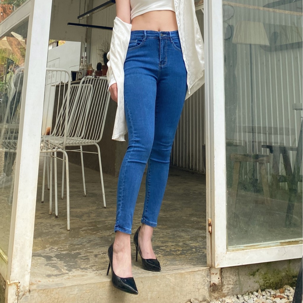 Quần jeans xanh đậm nữ lưng cao, quần tregging chất vải dày dặn, siêu co giãn, mặc tôn dáng - JBT04