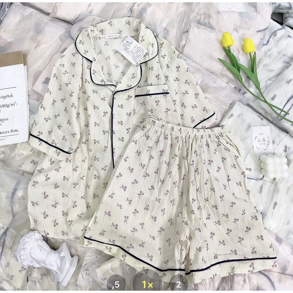 Bộ Đồ Ngủ Nữ Bộ Đồ Ngủ Pyjama Chất Liệu Đũi Xốp Hoạt Hình Ngắn Tay Quần Đùi Short [Ảnh Thật]