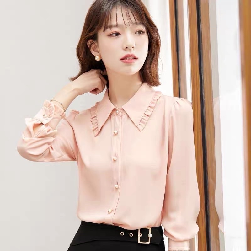 Áo sơ dài tay phong cách Hàn Quốc cổ xếp bèo nhún kèm dây thắt nơ A29 ảnh thật ở cuối