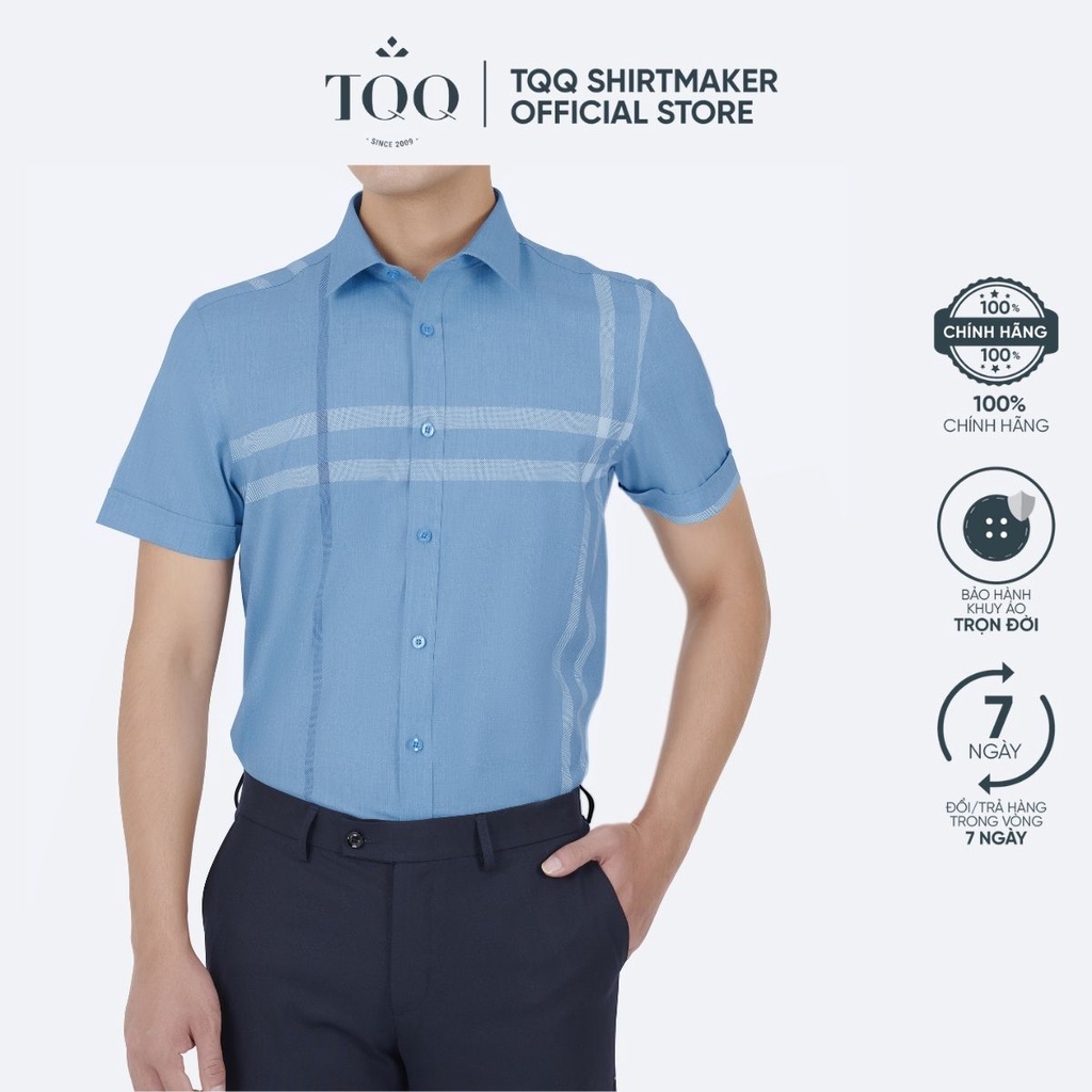 Áo sơ mi nam ngắn tay TQQ dáng Slim fit công sở ôm nhẹ K434CB- CSC màu xanh lịch thiệp chất vải cao cấp hạn chế nhăn