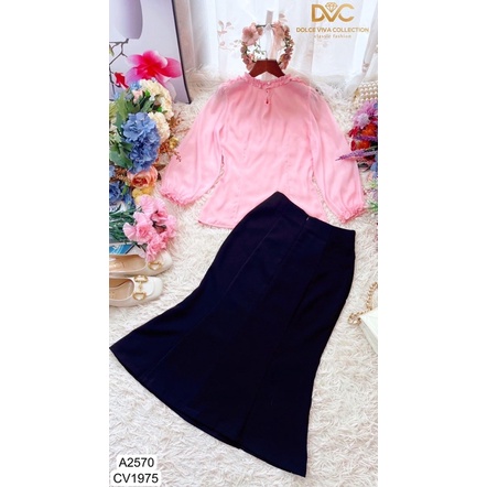 A2570, Cv1975 Set áo sơ mi hồng voan tơ tay dài, chân váy body ôm đuôi cá -  Dolce viva colection