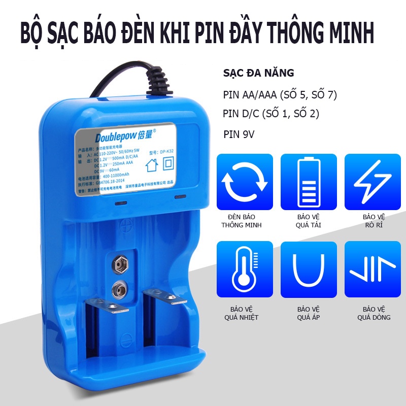 Bộ sạc pin AA AAA C D 9V thông minh Doublepow K32, Bộ sạc tự ngắt và báo đèn khi pin đầy