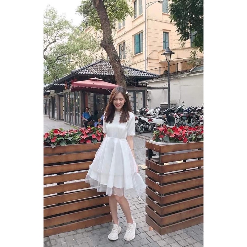 Đầm trắng dự tiệc dáng dài sang trọng lịch sự, Váy trắng xòe dài 2 lớp Hàn Quốc  (TTA109)