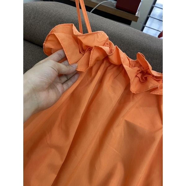 Đầm maxi 2 dây dáng dài,Váy đi biển màu cam bèo ngực chất thô