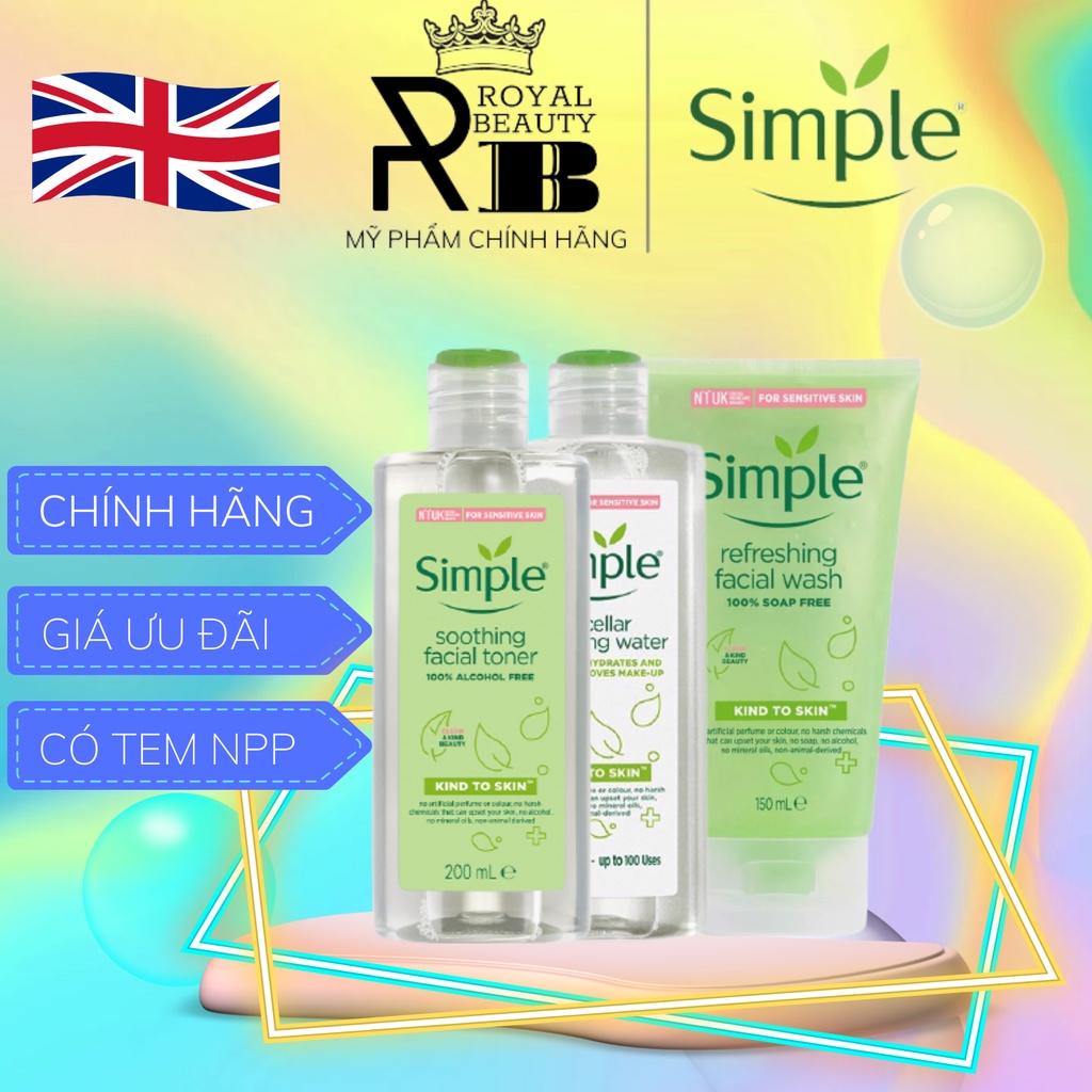 Combo Sạch Da Simple 3 Sản Phẩm Tẩy Trang + Nước Cân Bằng + Sữa Rửa Mặt làm sạch, cân bằng dịu nhẹ cho da