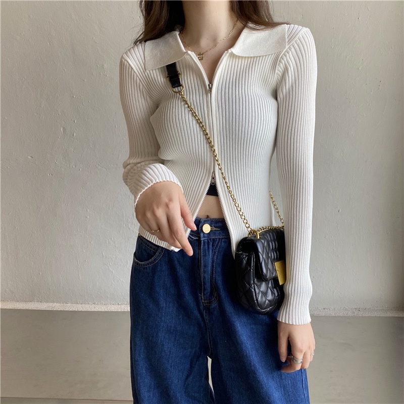 IELGY   Áo sweater cotton Tay Dài Hai Dây Kéo Màu Sắc Trơn Phong Cách Hàn Quốc