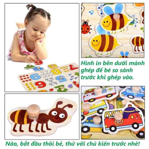 Bảng chữ cái và bảng số, bảng con vật cho bé có núm gỗ, đồ chơi thông minh học tập
