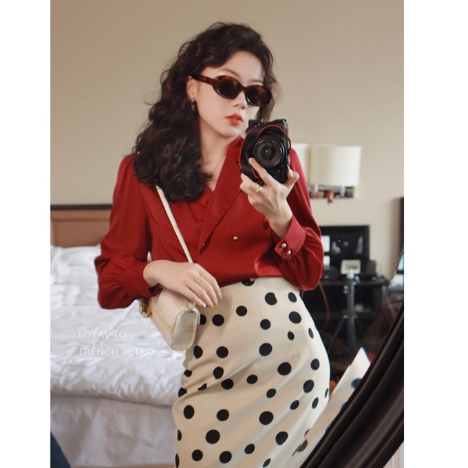 Áo Sơ Mi Cổ Vest Tay Dài Phong Cách Hông Kông Chất Satin Mềm Cho Nữ
