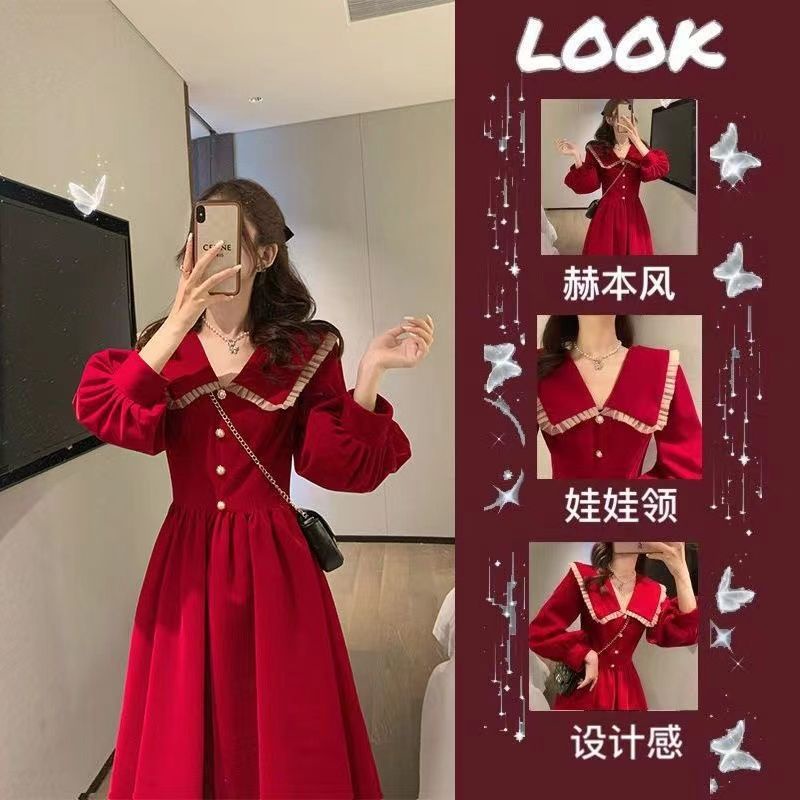 Váy babydoll Đầm Nhung Đen Dáng Chữ a Cổ Búp Bê Phong Cách Hepburn Thời Trang Xuân Thu Kiểu Mới 2022