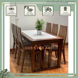 Bàn ăn gỗ tự nhiên kiểu dáng chân nối kèm ghế tựa lưng cao - bàn mặt đá hoặc mặt gỗ tùy chọn