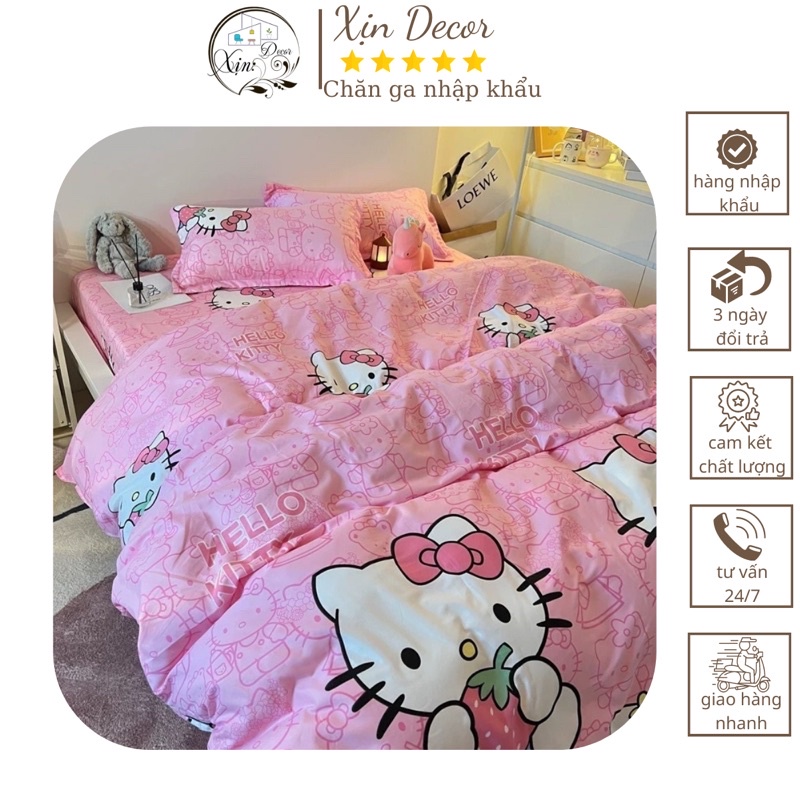 Bộ ga gối và vỏ chăn Cotton Poly nhập khẩu mẫu Hello Kitty Xịn Decor