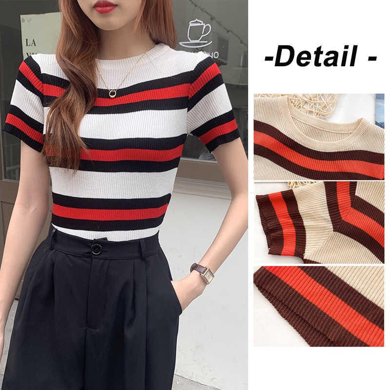 Áo Thun Dệt Kim Ngắn Tay Cổ Vuông Kẻ Sọc Thời Trang Trẻ Trung Áo Dệt Kim Ngắn Tay Cổ Tròn Họa Tiết Kẻ Sọc Nhiều Màu Thời Trang Mùa Hè Cho Nữ