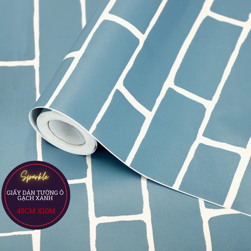 (HỎA TỐC) Giấy Dán Tường Ô Gạch Xanh Khổ 45cm*10m Sẵn Keo Bóc Dán Tiện Lợi