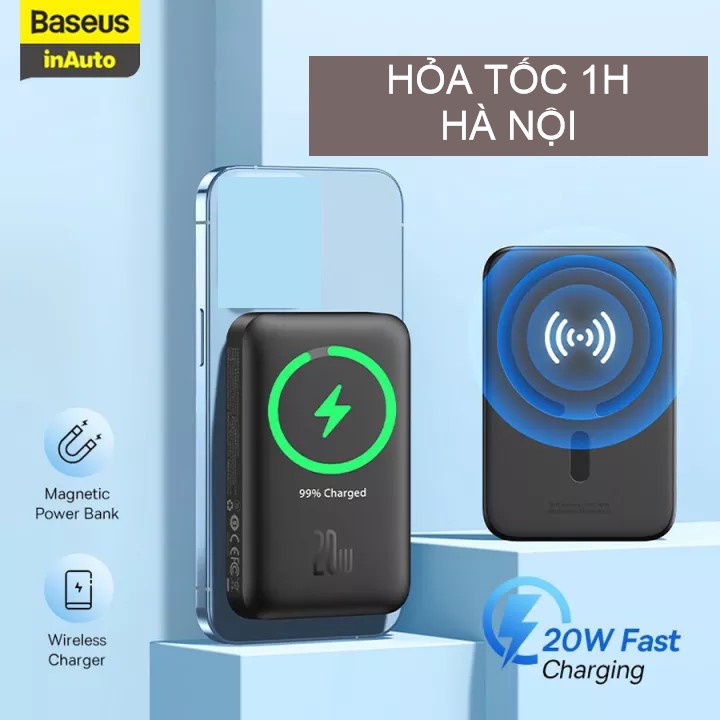 Pin dự phòng tích hợp sạc không dây baseus 20w 6000mAh nhỏ gọn tiện lợi cho Ip 12 13, chính hãng, bảo hành 12 tháng
