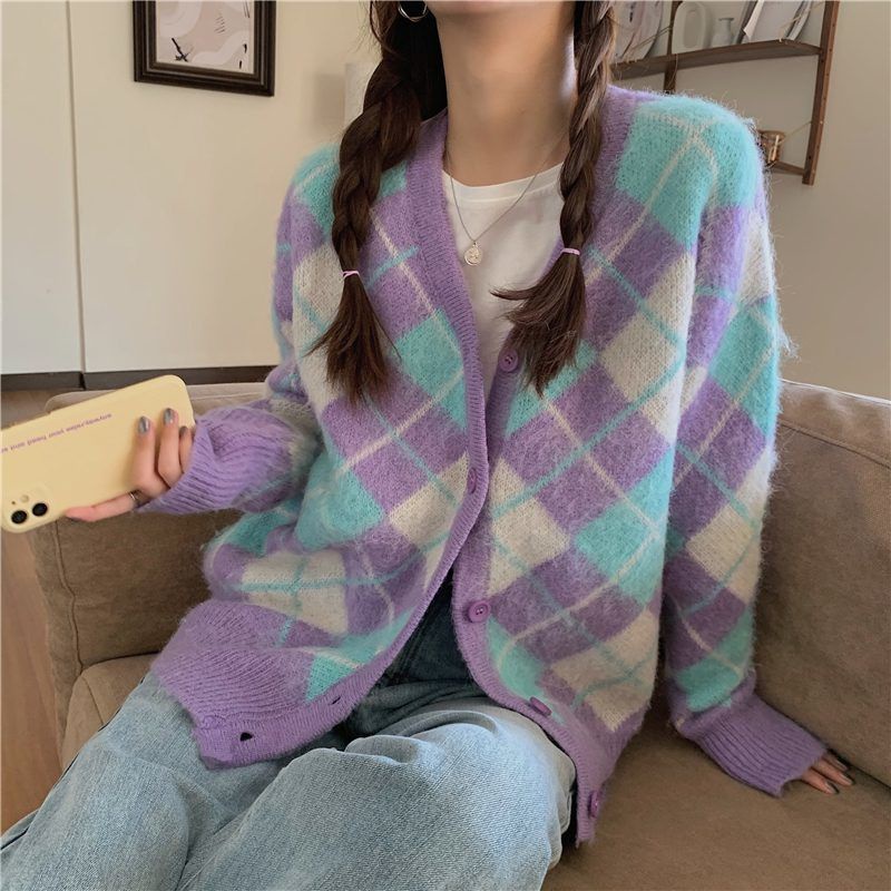 Áo Khoác Cardigan Dệt Kim Vải Nhung Màu Tím Phong Cách Hàn Quốc Mới 2021
