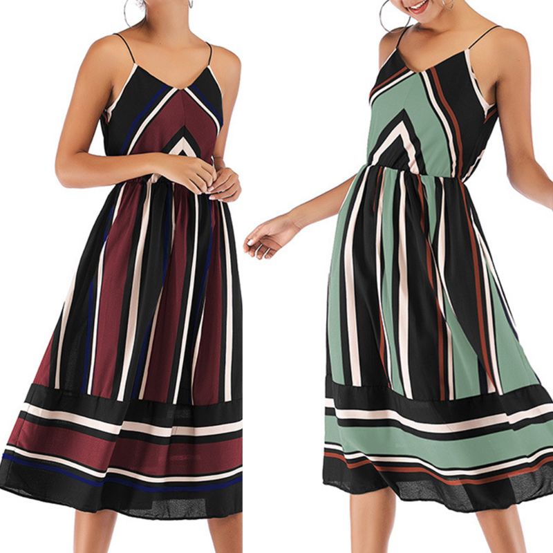 Xiangbao Đầm Midi Dài Không Tay Kẻ Sọc Màu Tương Phản Cổ Điển Mùa Hè Cho Nữ