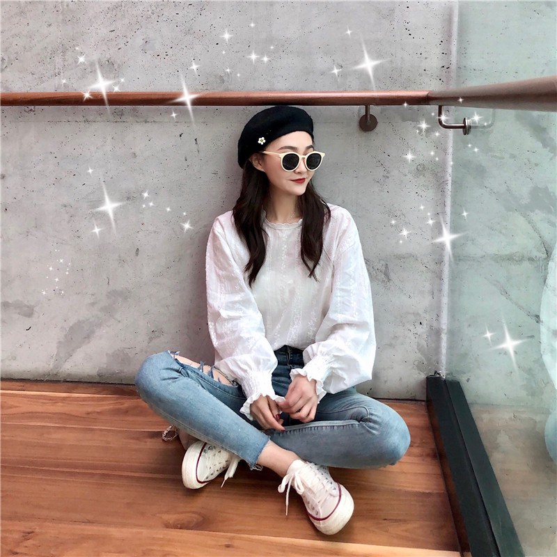 Áo kiểu tay dài phối ren Xiaozhainv hoa thiết kế dáng rộng thoải mái | BigBuy360 - bigbuy360.vn