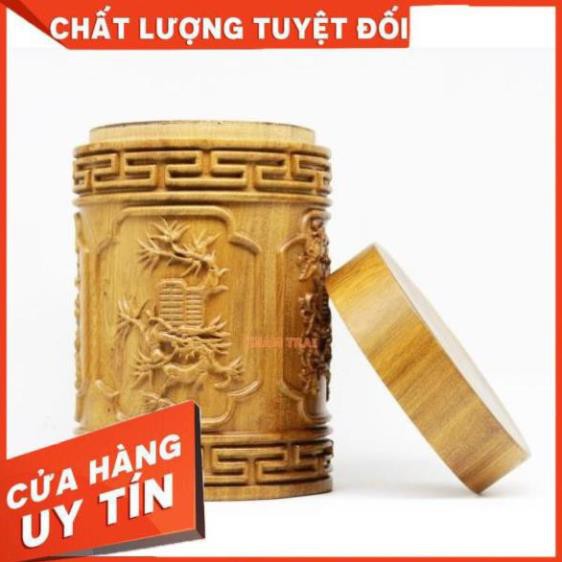 Hộp đựng trà,hũ đựng trà nguyên khối tròn[Gỗ hương,bách xanh 100%_Hàng loại 1] trạm Tứ Quý Tùng-Trúc-Cúc-Mai