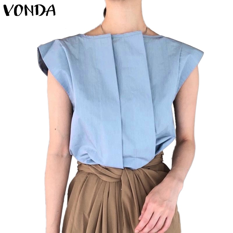 Áo VONDA sát nách cổ tròn dáng rộng màu trơn thời trang mùa hè phong cách Hàn Quốc cho nữ