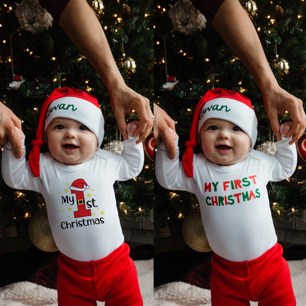 🎉My first christmas Áo Liền Quần Tay Dài Màu Trắng In Họa Tiết Chủ Đề Giáng Sinh Cho Bé Trai Bé Gái
