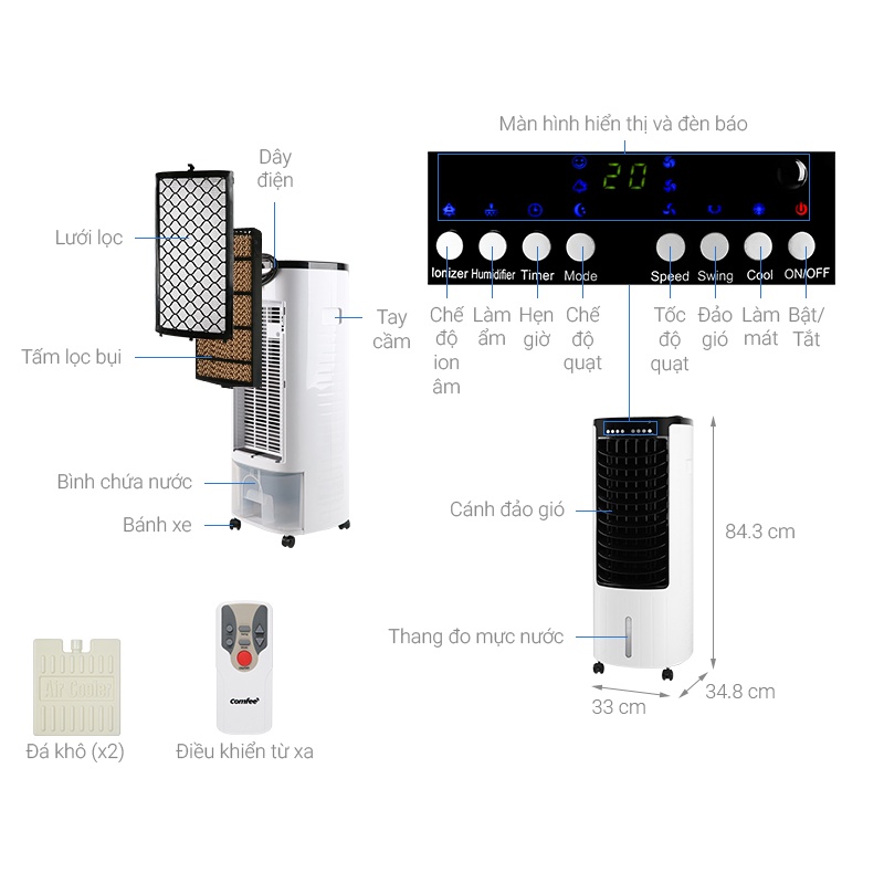 Quạt điều hòa hơi nước làm mát Comfee CF-AC12AR Chính Hãng trưng bày 99%-Phạm vi làm mát:  Phòng 20 - 25 m²