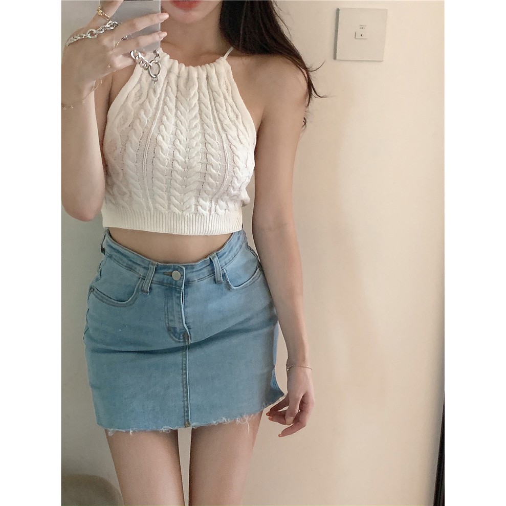 Áo Hai Dây Dệt Kim Dáng Ngắn Phong Cách Âu Mỹ Cá Tính Cho Nữ