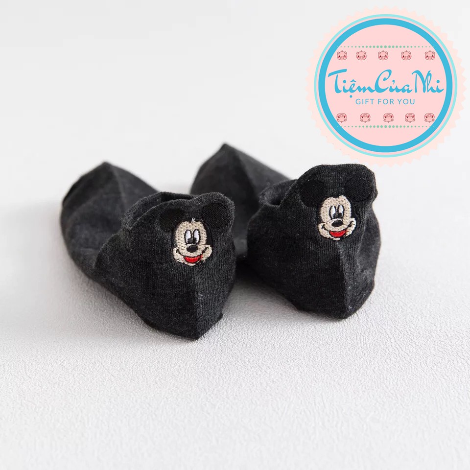 Vớ Tất cổ ngắn trơn nữ cotton nhiều màu thêu mickey, gấu chó trên cổ vớ sau gót phong cách Hàn Quốc Tiệm Của Nhi VCN01