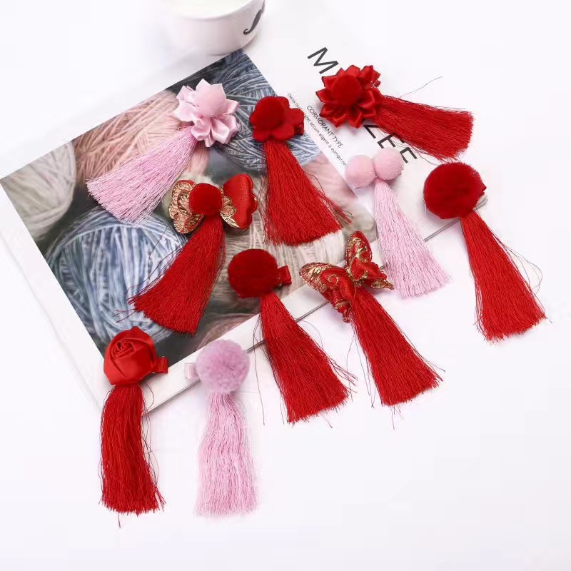 Cặp kẹp tóc màu đỏ nhiều mẫu tùy chọn phong cách Trung Hoa xinh xắn