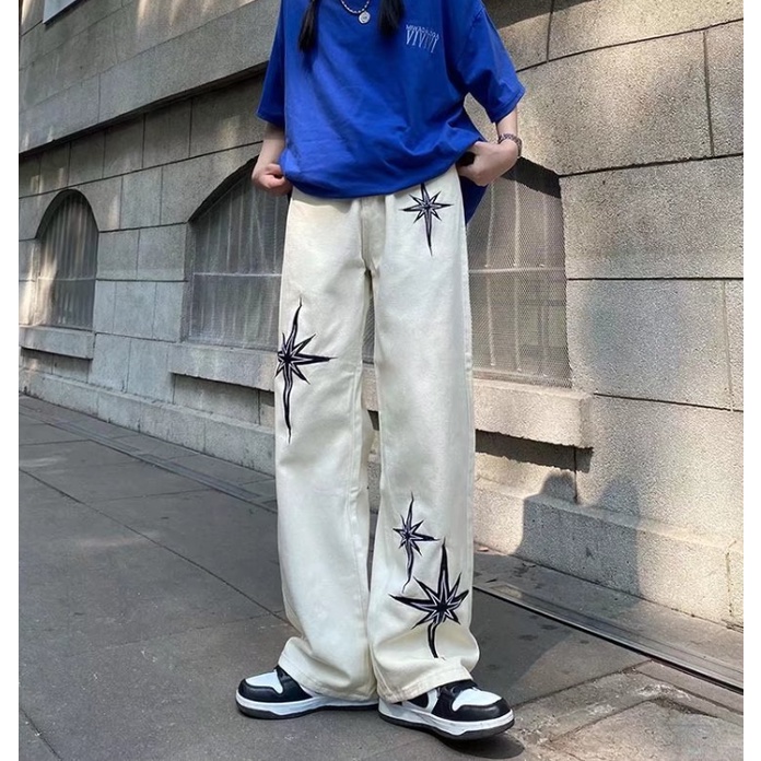 Quần Jean Ống Rộng Plus Size Thêu Hình Ngôi Sao Phong Cách Retro Mỹ Cho Nam Nữ