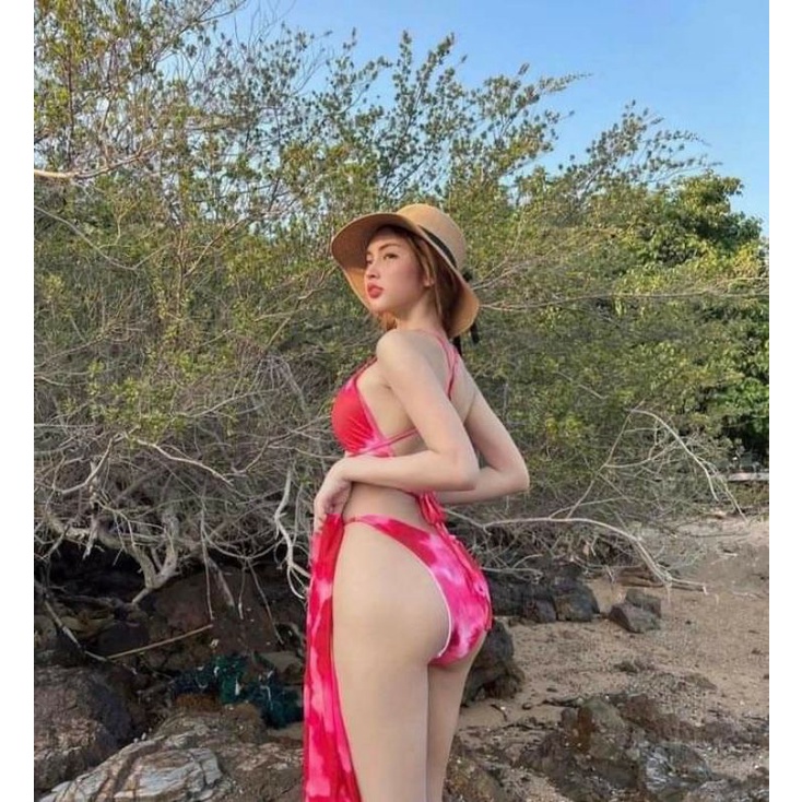 [Sẵn hàng]  Bikini đồ bơi đi biển set 3 món loang đỏ kèm khăn quấn