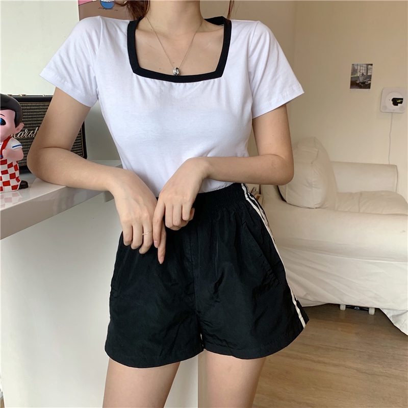 SUXI Áo Thun Tay Ngắn Cổ Vuông Màu Trơn Quyến Rũ Dành Cho Nữ