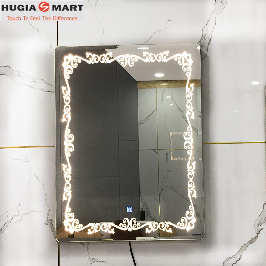 Gương Đèn Led ♦️ HUGIASMART♦️ Gương led chữ nhật đứng 60x80cm Mẫu Thiết Kế Hoa Văn