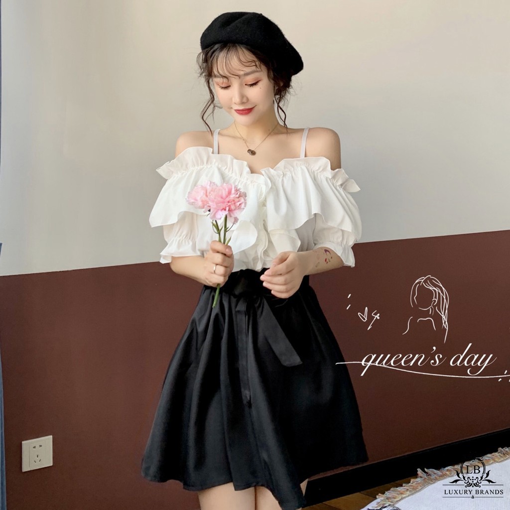 [CÓ SẴN] SET ÁO VÁY BABYDOLL TIỂU THƯ ÁO KIỂU TRỄ VAI BÁNH BÈO CHÂN VÁY XÒE CẠP CAO BUỘC DÂY ULZZANG HÀN QUỐC