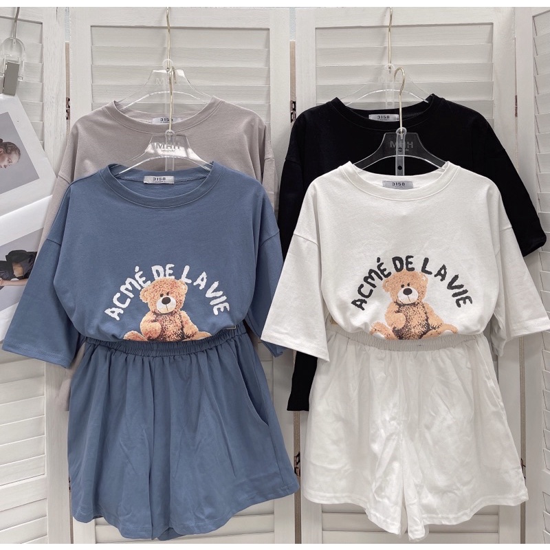 [Ảnh thật/Video]Bộ thể thao HÌNH GẤU cute dáng rộng mùa hè Set áo phông kèm quần chất thun cotton màu dễ thương