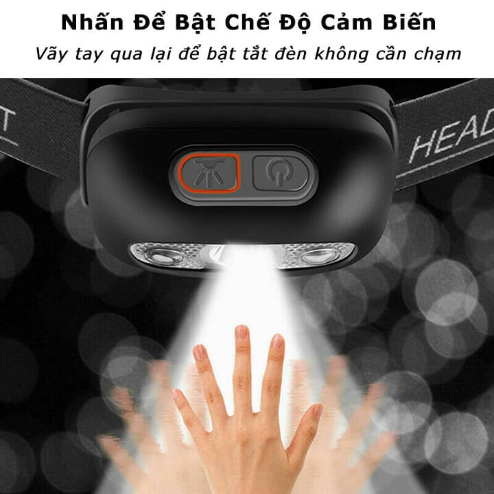 Đèn Pin LED đội đầu siêu sáng cảm biến bằng tay, chống thấm nước, đèn đeo trán cảm ứng 3 chế độ kèm sạc Micro USB