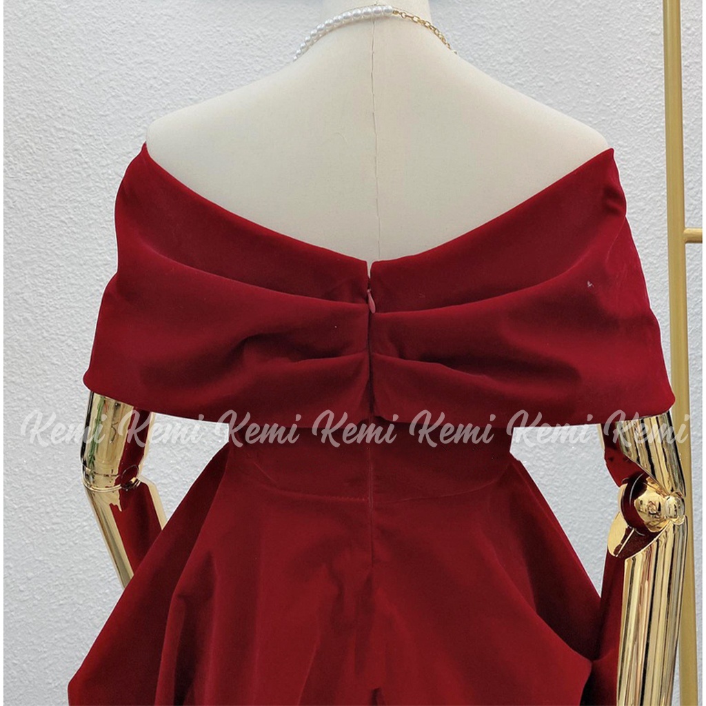 Váy nhung đỏ trễ vai đầm bồng cúp ngực ôm dáng tiểu thư Kemi