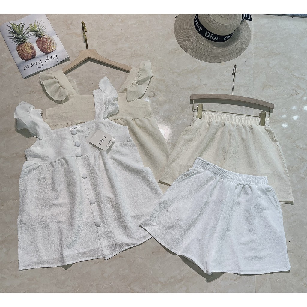 [Mã FAMARAL2 giảm 10K đơn 50K] Set Đũi Xốp 2 Dây Cánh Tiên Cúc Ngực Mix Quần Sooc