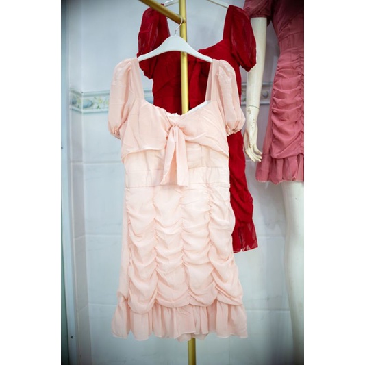 Đầm công sở - Đầm voan nhún đuôi cá tay phồng nơ ngực