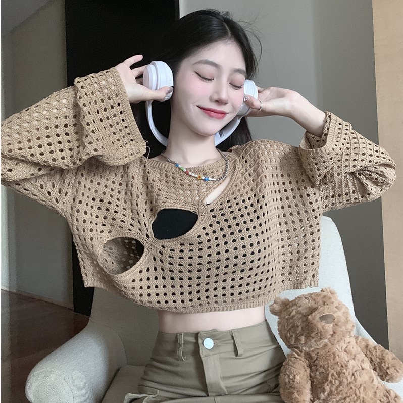 Áo croptop nữ Leeva Shop vải len đan xẻ cách điệu A386