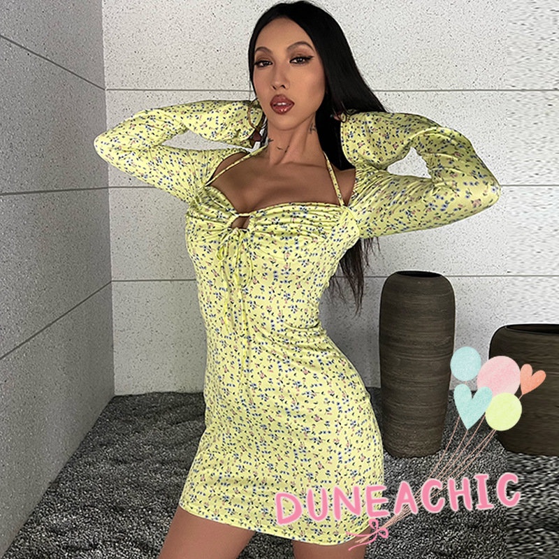 DUNEA Đầm Dài Tay In Hoa Với Thiết Kế Cổ Yếm Xinh Xắn Dành Cho Nữ