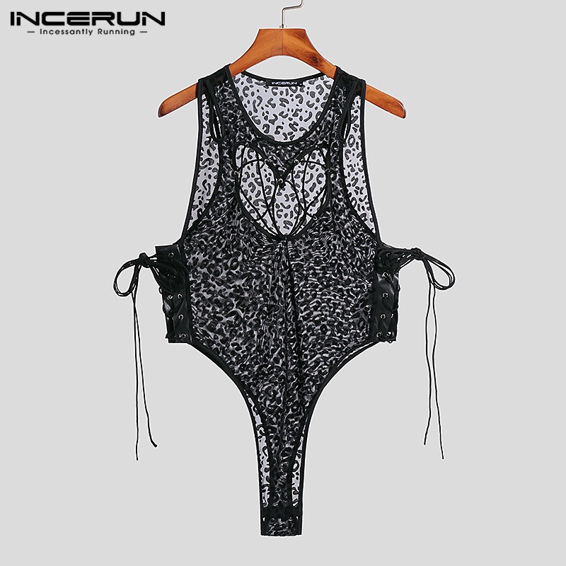 Bộ áo liền quần INCERUN thiết kế không tay xuyên thấu họa tiết da báo quyến rũ cho nam