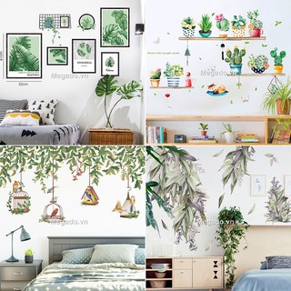 Decal trang trí tường cây xanh, lá xanh, hồng hạc [EL0013]