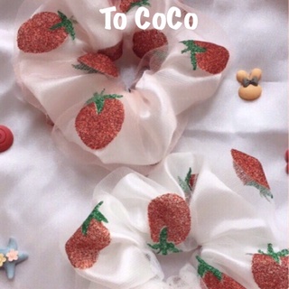 Dây buộc tóc scrunchies dâu tây kim tuyến 2 lớp siêu xinh