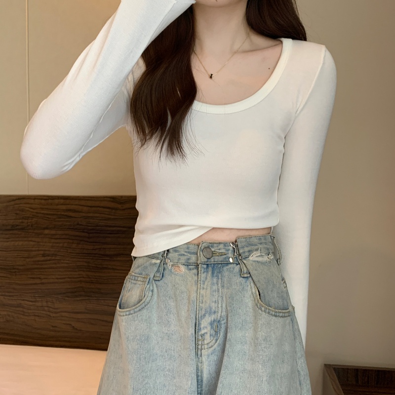 IELGY    Áo Thun Tay Dài Cổ Chữ U Dáng Ôm Thời Trang Cho Nữ