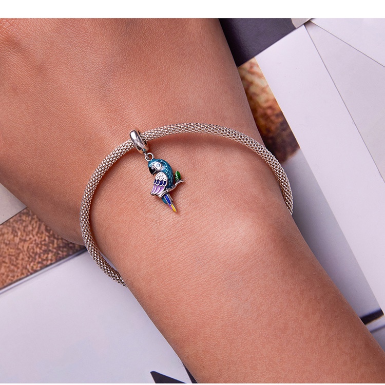 Mặt dây chuyền BAMOER bằng bạc 925 hình chú vẹt nhiều màu sắc độc đáo