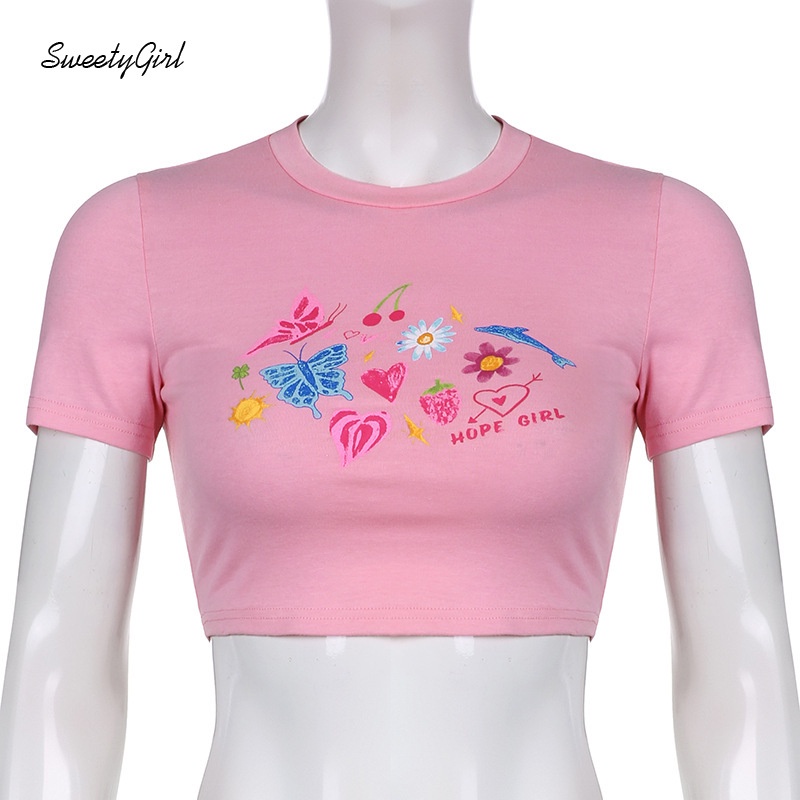 Áo Croptop Tay Ngắn Cổ Tròn In Họa Tiết Hoạt Hình Nhiều Màu Sắc Thời Trang Cho Nữ