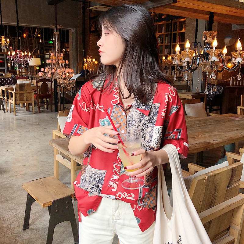 Áo sơ mi nữ phong cách Hồng Kông ngắn tay phối họa tiết thời trang, năng động,cá tính,thời trang