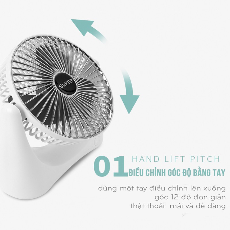 Quạt Mini Để Bàn Sạc Pin Tích Điện Super Fan, Quạt Để Bàn 3 Chế Độ Gió, Tích Hợp Chế Độ Gập Thông Minh, Bảo Hành 12 Thán