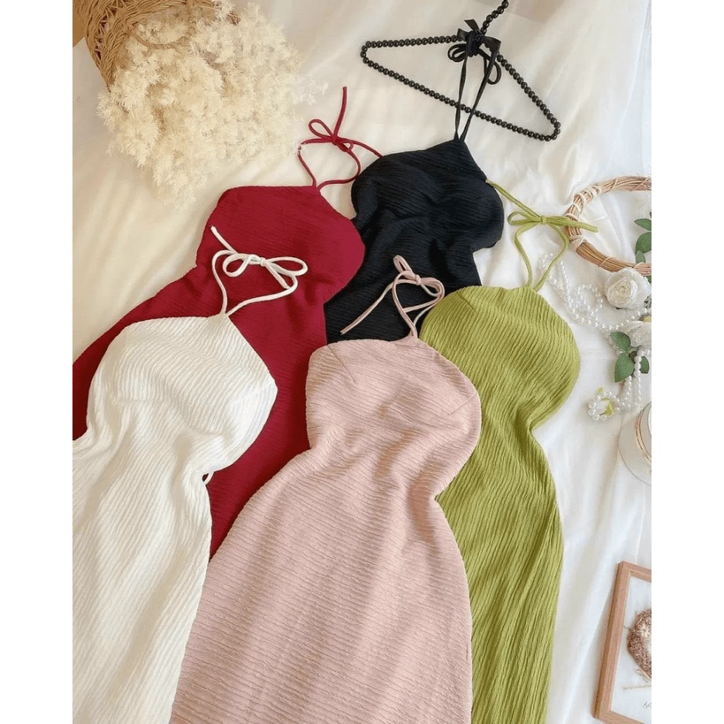 Đầm Nữ Cổ Yếm Cột Dây Đan Chéo Lưng Phối Tùng Xẻ Quyến Rũ Tôn Dáng HOt thoi trang shop valentina