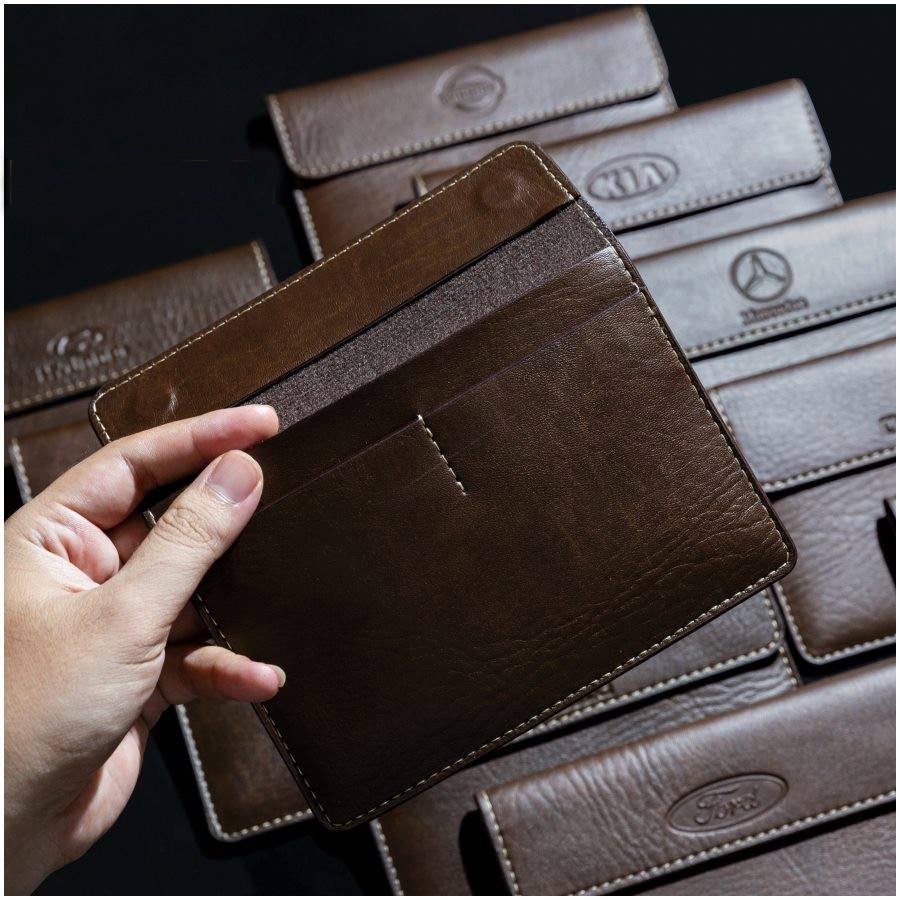 Ví da đựng giấy tờ xe - Ví đựng giấy tờ đăng kiểm ô tô sang trọng màu nâu caffe đủ Logo các hãng xe